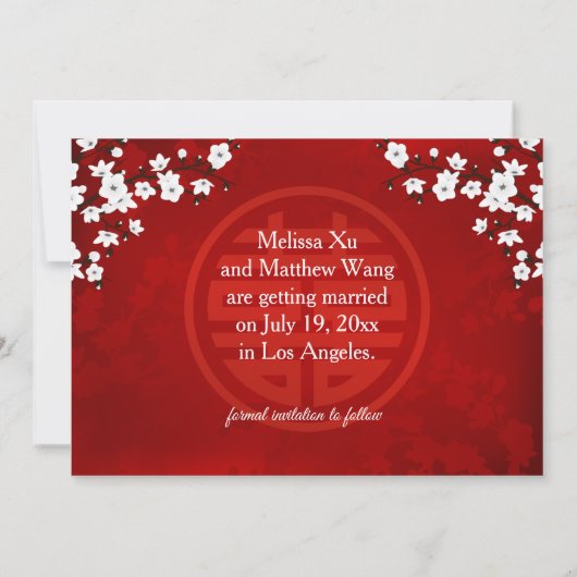 Chinees bruiloft dubbel geluk Cherry Blossom Save The Date (Achterkant)