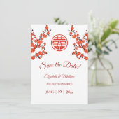 Chinees bruiloft dubbel geluk Cherry Blossom Save The Date (Staand voorkant)