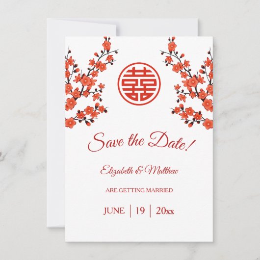 Chinees bruiloft dubbel geluk Cherry Blossom Save The Date (Voorkant)