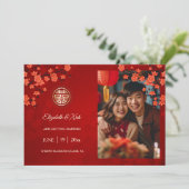 Chinees bruiloft dubbel geluk Cherry Blossom Save The Date (Staand voorkant)