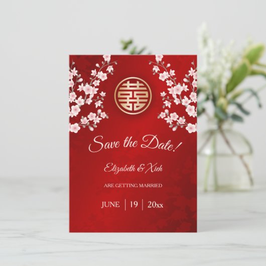 Chinees bruiloft dubbel geluk Cherry Blossom Save The Date (Staand voorkant)
