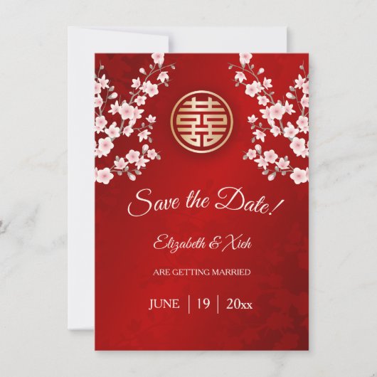 Chinees bruiloft dubbel geluk Cherry Blossom Save The Date (Voorkant)