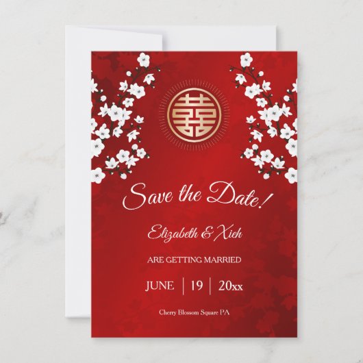 Chinees bruiloft dubbel geluk Cherry Blossom Save The Date (Voorkant)