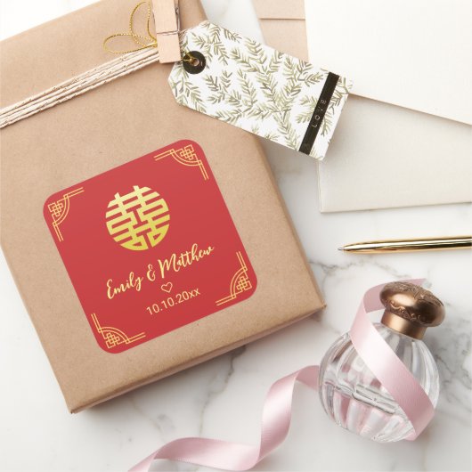 Chinees bruiloft gouden lijst dubbel xi vierkante sticker (Geschenken)