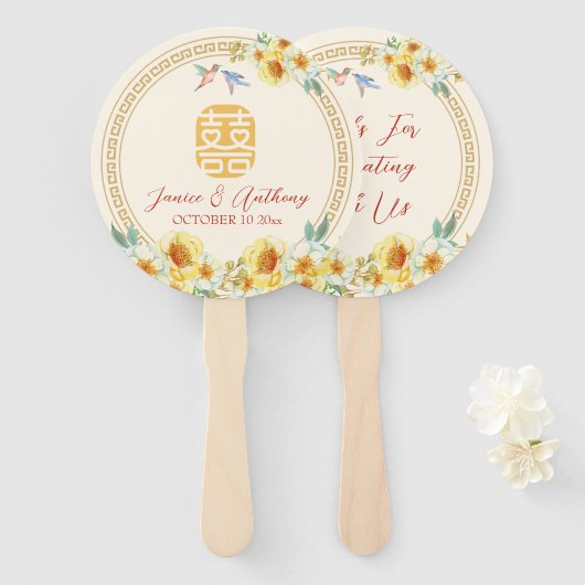 Chinees bruiloft lijst geel bloemenvogel elegant handwaaier (Voorkant en achterkant)