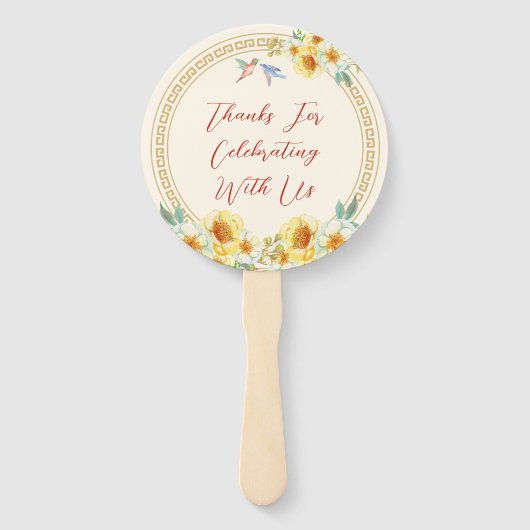 Chinees bruiloft lijst geel bloemenvogel elegant handwaaier (Achterkant)