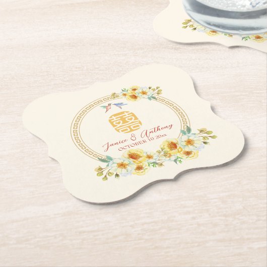 Chinees bruiloft lijst geel bloemenvogel elegant kartonnen onderzetters (Gekanteld)