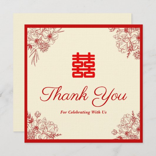Chinees bruiloft rode beige florale oots bedankkaart (Voorkant / Achterkant)