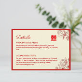 Chinees bruiloft rode beige florale oots informatiekaartje (Staand voorkant)