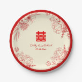 Chinees bruiloft rode beige florale oots papieren bordje (Voorkant)