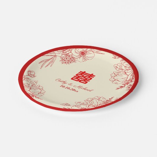 Chinees bruiloft rode beige florale oots papieren bordje (Gekanteld)