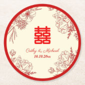 Chinees bruiloft rode beige florale oots ronde kartonnen onderzetter (Voorkant)