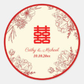 Chinees bruiloft rode beige florale oots ronde sticker (Voorkant)