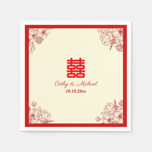 Chinees bruiloft rode beige florale oots servet (Voorkant)