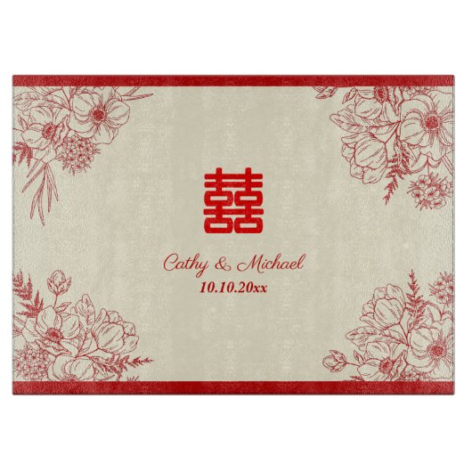 Chinees bruiloft rode beige florale oots snijplank (Voorkant)
