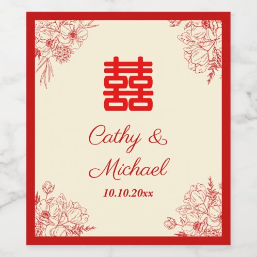 Chinees bruiloft rode beige florale oots wijn etiket (Enkel label)