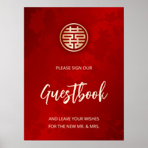 Chinees Bruiloft Rode Bloemen Gastenboek Poster