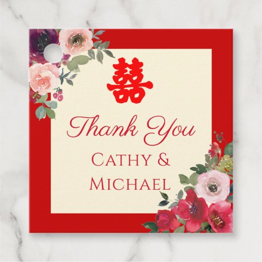 Chinees bruiloft rode tuinen floreel dubbel geluk bedankjes labels (Voorkant)