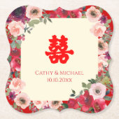 Chinees bruiloft rode tuinen floreel dubbel geluk kartonnen onderzetters (Voorkant)