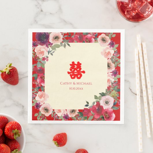 Chinees bruiloft rode tuinen floreel dubbel geluk servet (Insitu)