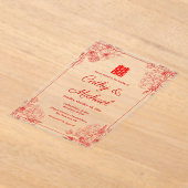 Chinees bruiloft rood beige bloemig lijst oosters acryl uitnodigingen (Laagn)
