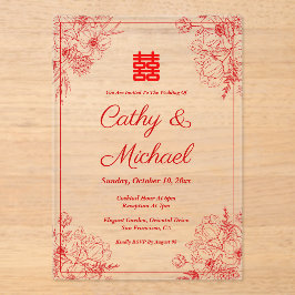 Chinees bruiloft rood beige bloemig lijst oosters acryl uitnodigingen