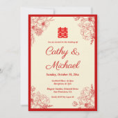 Chinees bruiloft rood beige bloemig lijst oosters kaart (Voorkant)