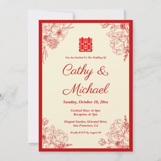 Chinees bruiloft rood beige bloemig lijst oosters kaart (Voorkant)