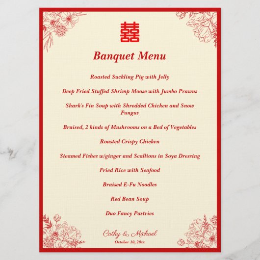 Chinees bruiloft rood beige bloemig lijst oosters menu (Voorkant)