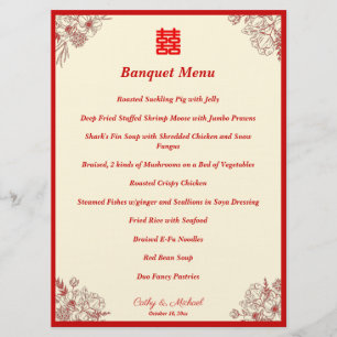 Chinees bruiloft rood beige bloemig lijst oosters menu