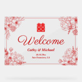 Chinees bruiloft rood bloemen lijst oosters welkom acryl bord (Voorkant)