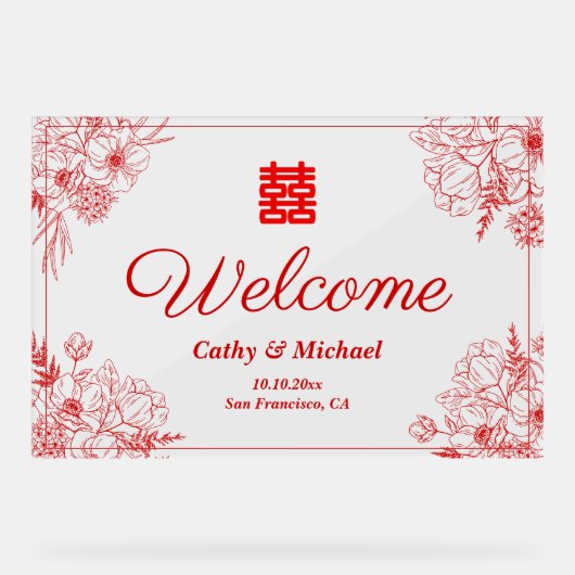 Chinees bruiloft rood bloemen lijst oosters welkom acryl bord (Voorkant)