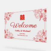 Chinees bruiloft rood bloemen lijst oosters welkom acryl bord (Hoek)
