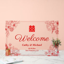 Chinees bruiloft rood bloemen lijst oosters welkom acryl bord