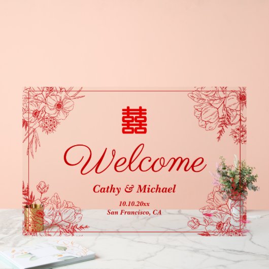 Chinees bruiloft rood bloemen lijst oosters welkom acryl bord (Huwelijk)