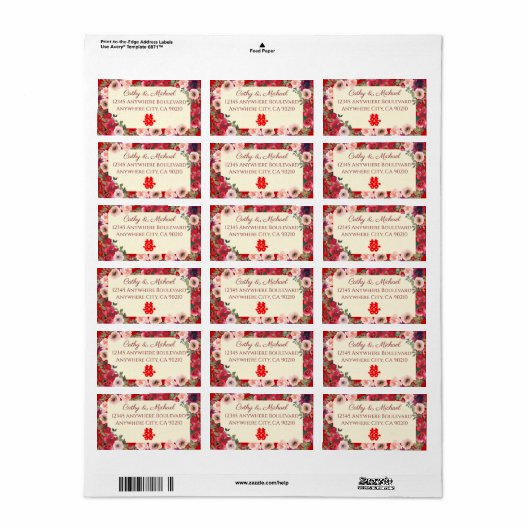 Chinees bruiloft rood paarse bloemen retour adres etiket (Full Sheet)