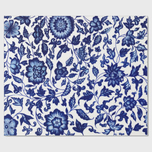 Chinees Donker marine blauw bloemmotief op wit Cadeaupapier