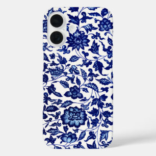 Chinees Donker marine blauw bloemmotief op wit iPhone 16 Hoesje