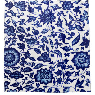 Chinees Donker marine blauw bloemmotief op wit Douchegordijn