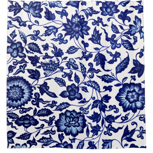 Chinees Donker marine blauw bloemmotief op wit Douchegordijn (Voorkant)