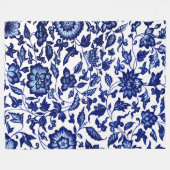 Chinees Donker marine blauw bloemmotief op wit Fleece Deken (Voorkant (Horizontaal))