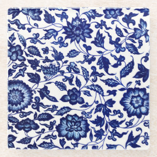 Chinees Donker marine blauw bloemmotief op wit Glazen Onderzetter