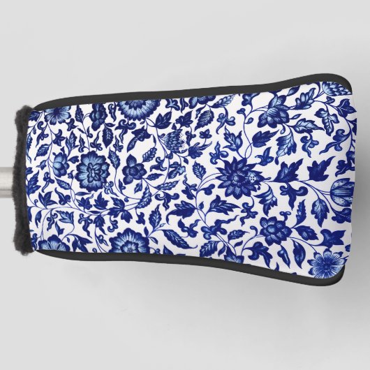 Chinees Donker marine blauw bloemmotief op wit Golfheadcover (Voorkant)