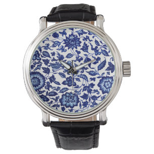 Chinees Donker marine blauw bloemmotief op wit Horloge