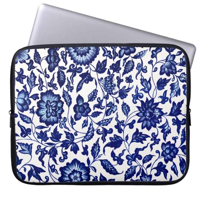 Chinees Donker marine blauw bloemmotief op wit Laptop Sleeve (Voorkant)