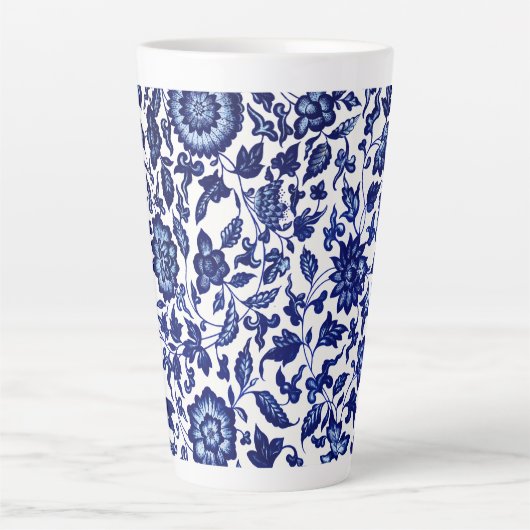 Chinees Donker marine blauw bloemmotief op wit Latte Mok (Voorkant)