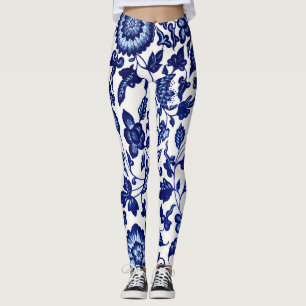 Chinees Donker marine blauw bloemmotief op wit Leggings