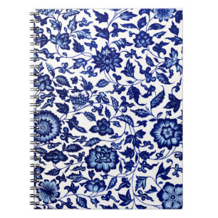 Chinees Donker marine blauw bloemmotief op wit Notitieboek