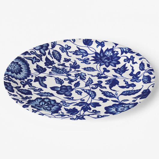 Chinees Donker marine blauw bloemmotief op wit Papieren Bordje (Gekanteld)