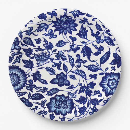 Chinees Donker marine blauw bloemmotief op wit Papieren Bordje (Voorkant)